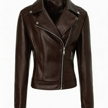 Elegant Leather Moto Jacket for Women with Notch Lapel Asymmetric Zip Front Fitted Style