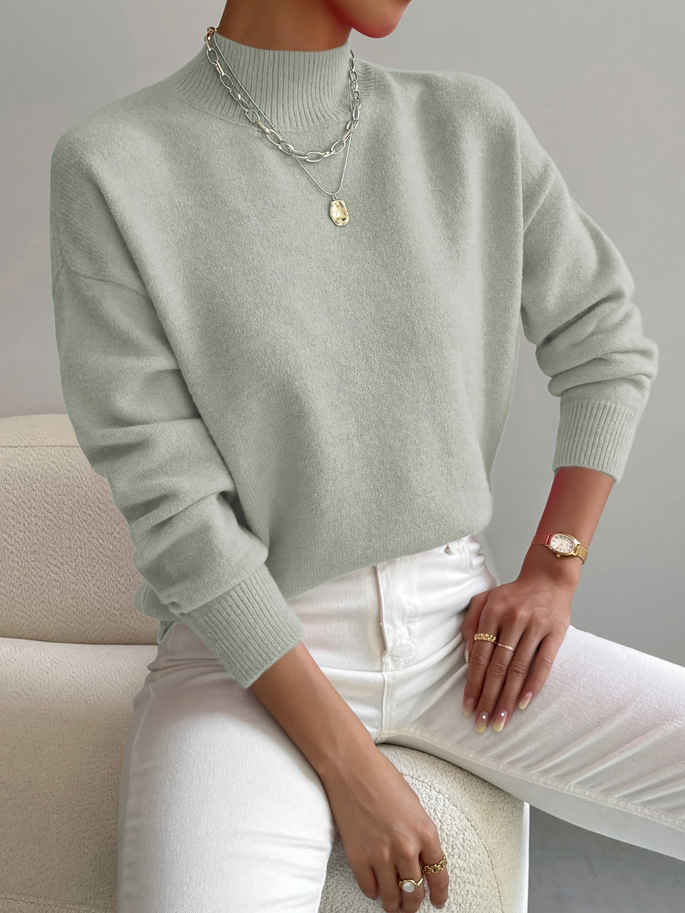 Comfortable Knit Sweater for Women with Mock Neck Long Sleeve Relaxed Oversized Style