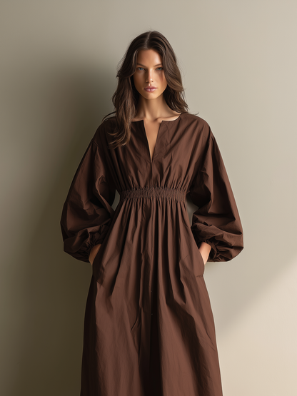 Effortless Brown Maxi Dress for Women with V Neck Puff Sleeve Elastic Waist Linen Flowing Casual Style
