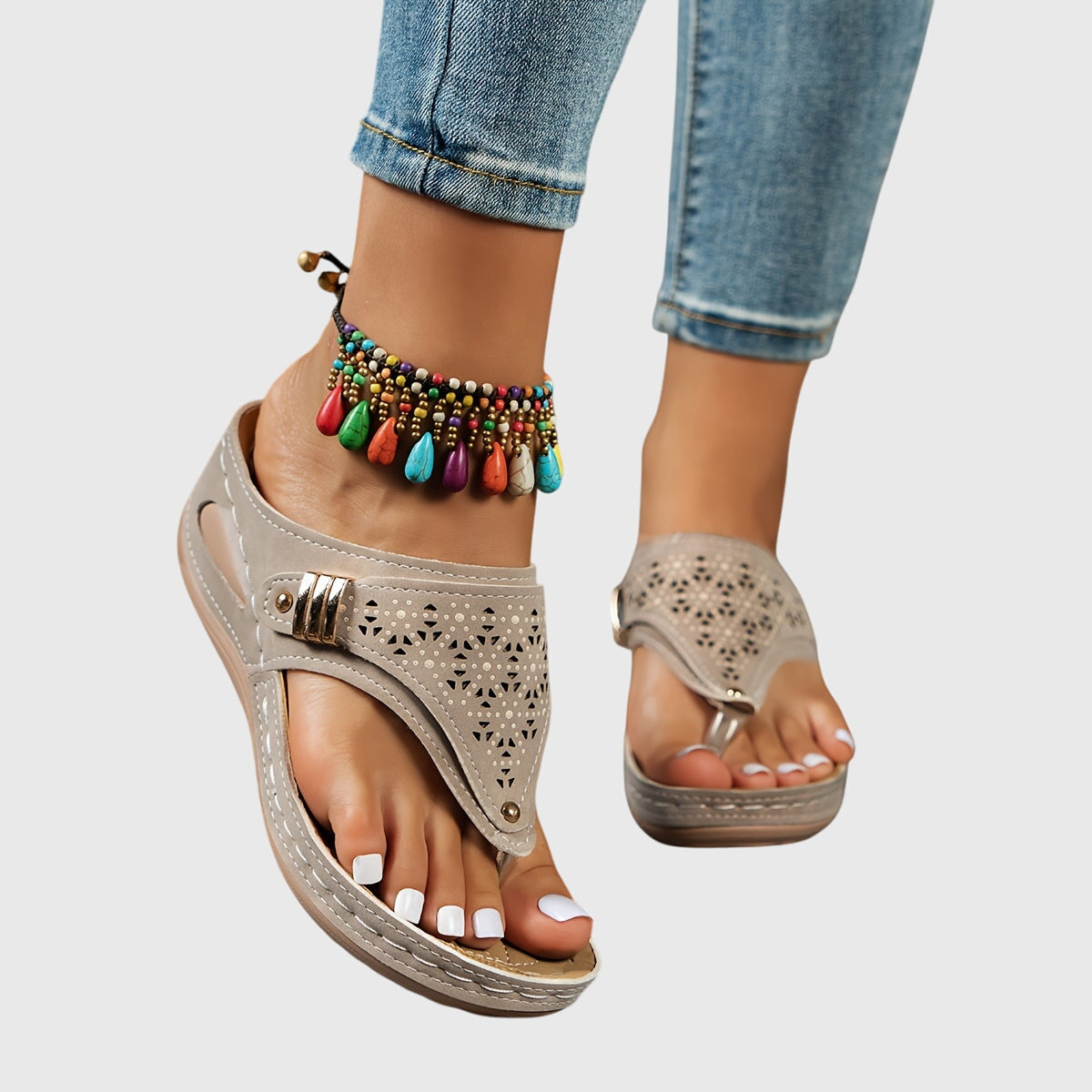 Comfortable Orthopedic Sandals for Women with Laser Cut Buckle Strap Toe Loop Wedge Platform Flip Flop Style