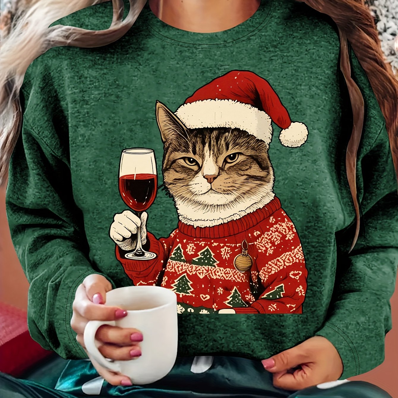 Comfortable Cat Graphic Christmas Tacky Sweater for Women with Crew Neck Long Sleeve Pullover Holiday Style