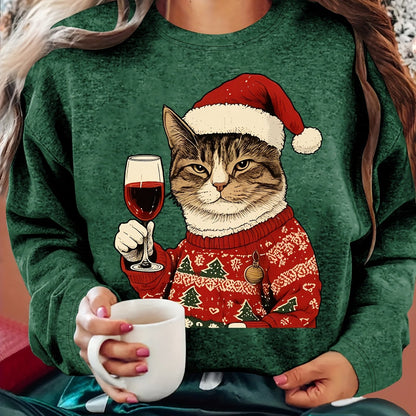 Comfortable Cat Graphic Christmas Tacky Sweater for Women with Crew Neck Long Sleeve Pullover Holiday Style