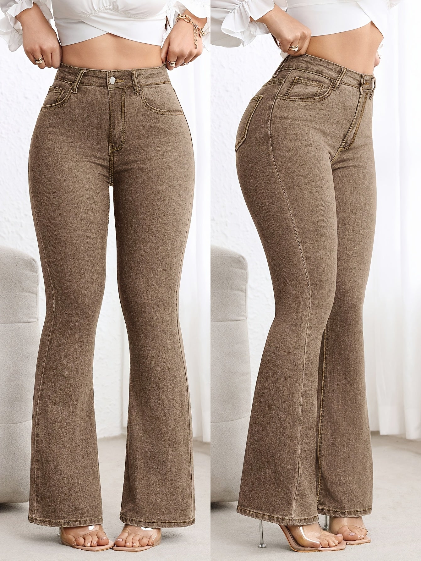 Effortless Coffee Brown Flare Jeans for Women with High Waisted Contrast Stitch Relaxed Style