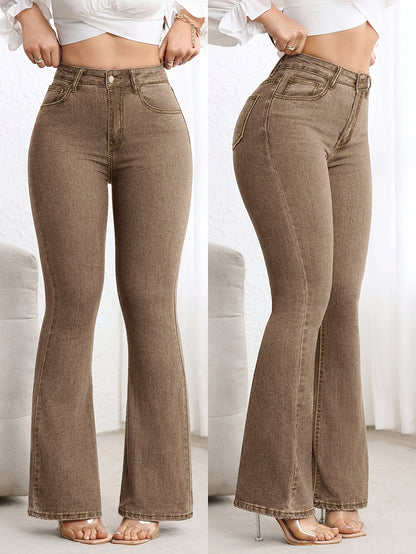 Effortless Coffee Brown Flare Jeans for Women with High Waisted Contrast Stitch Relaxed Style