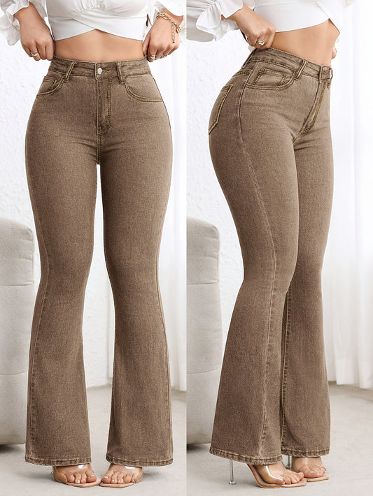 Effortless Coffee Brown Flare Jeans for Women with High Waisted Contrast Stitch Relaxed Style