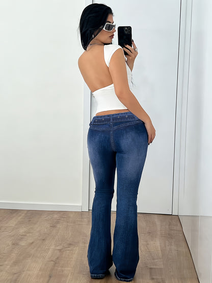 Effortless Medium Blue Flare Jeans for Women with Low Rise Belted Grommet Contrast Stitch Style