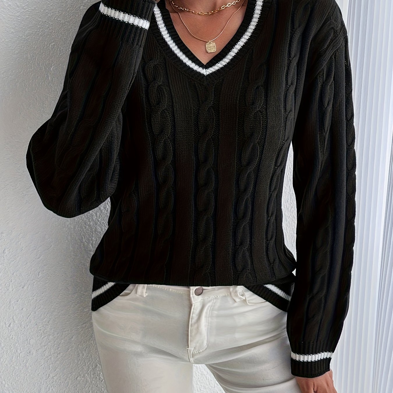 Comfortable Cable Knit Sweater for Women with V Neck Long Sleeve Striped Trim Relaxed Oversized Style
