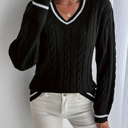 Comfortable Cable Knit Sweater for Women with V Neck Long Sleeve Striped Trim Oversized Knit Style