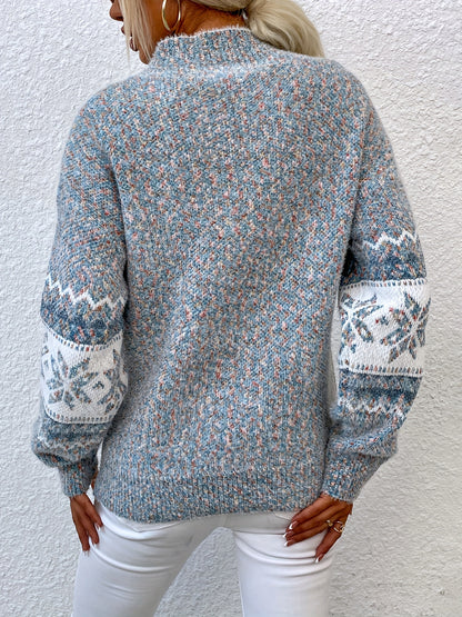 Cozy Women's Christmas Sweater with Mock Neck Long Sleeve Fair Isle Oversized Knit Style
