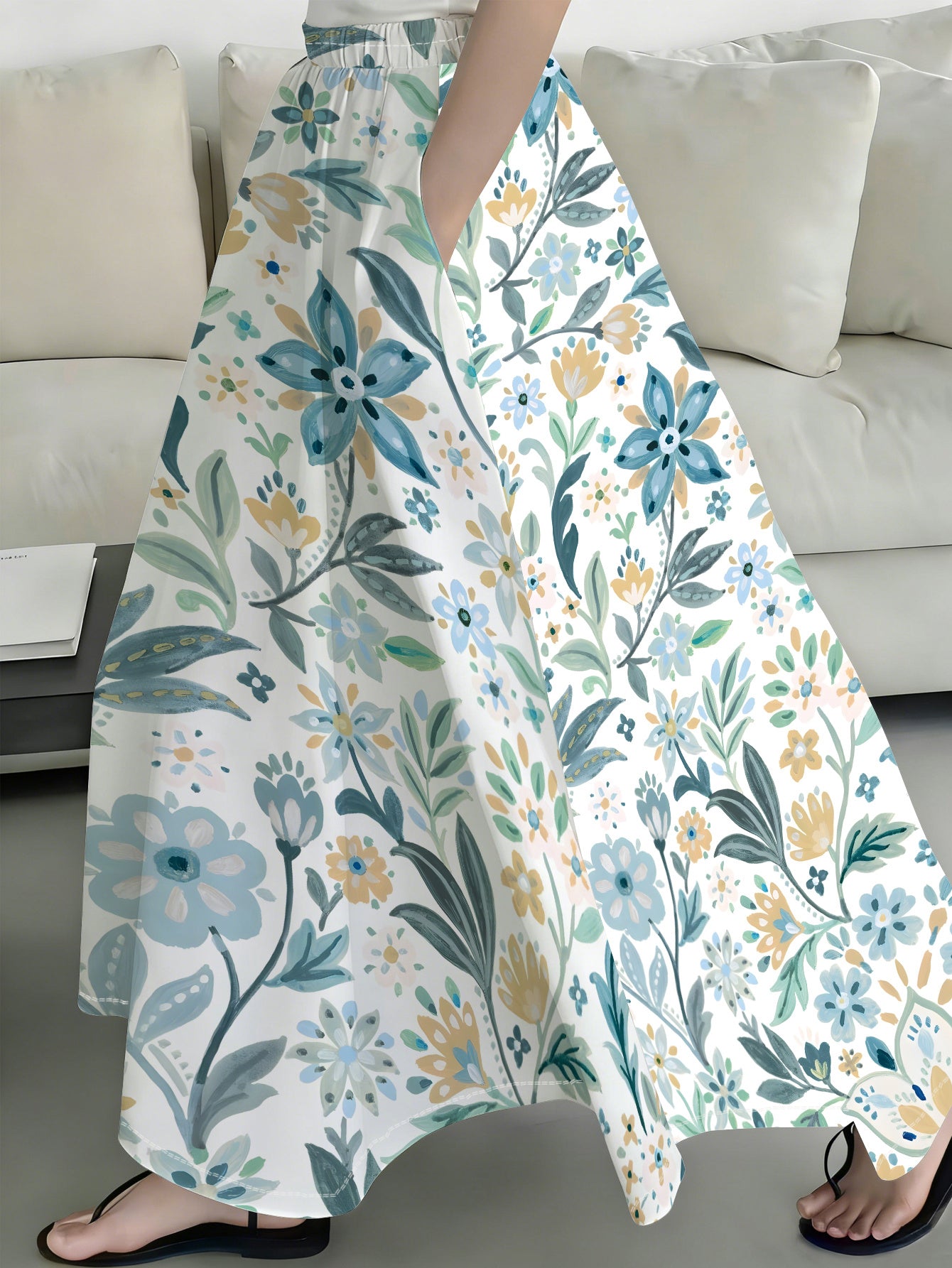 Effortless Floral Long Skirt for Women with Elastic Waist A Line Flowing Bohemian Style