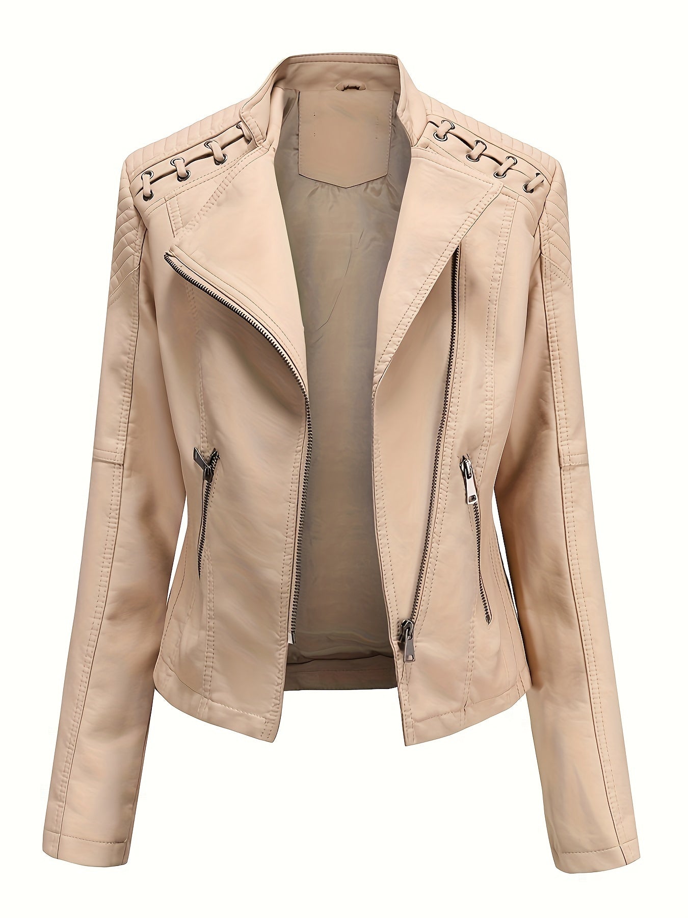 Elegant Leather Moto Jacket for Women with Notch Lapel Zip Front Studded Shoulder