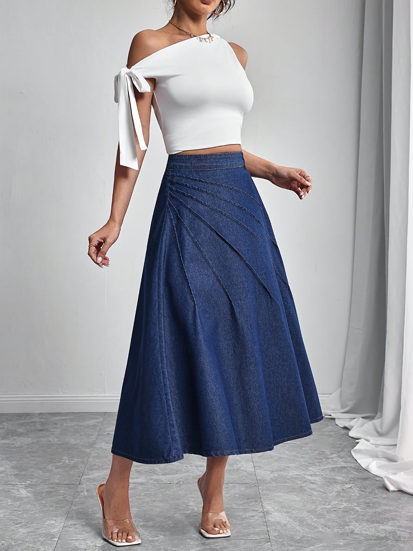 Elegant Deep Blue Denim Maxi Skirt for Women with Pleated A Line Flowing Style