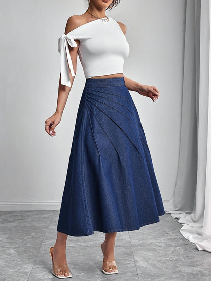 Elegant Deep Blue Denim Maxi Skirt for Women with Pleated A Line Flowing Style