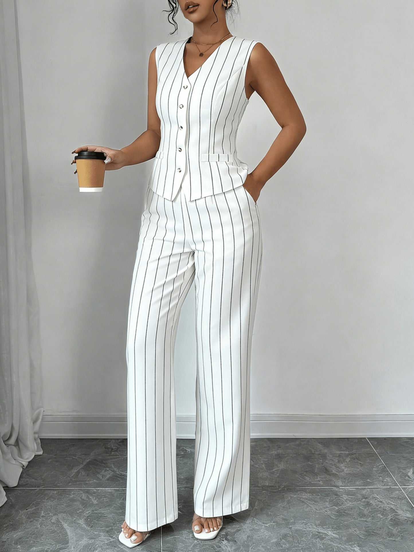 Elegant Grey Pinstripe Chino Pants Two Piece Set for Women with V Neck Button Front Vest Formal Style