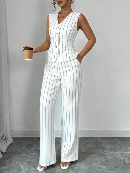 Elegant Grey Pinstripe Chino Pants Two Piece Set for Women with V Neck Button Front Vest Formal Style