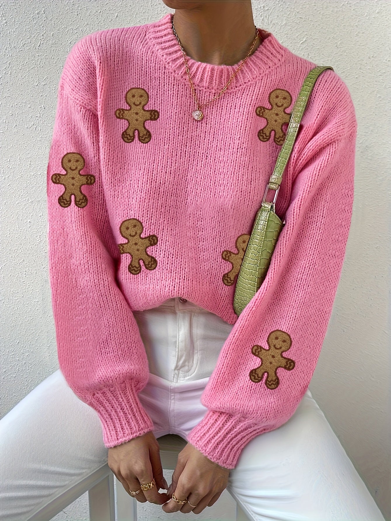 Cozy Pink Gingerbread Christmas Tacky Sweater for Women with Crew Neck Long Sleeve Knit Pullover Holiday Style