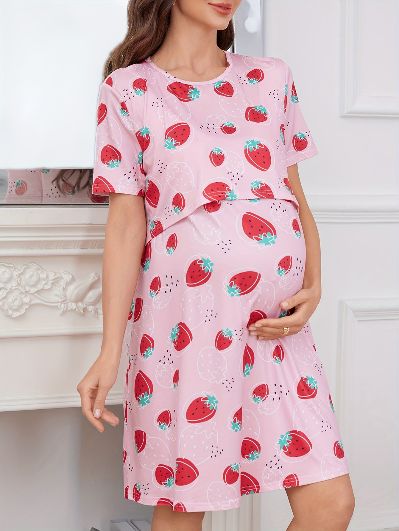 Comfortable Mixed Print Maternity Nursing Dress for Women with Round Neck Short Sleeve Layered Tiered Style