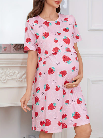 Comfortable Mixed Print Maternity Nursing Dress for Women with Round Neck Short Sleeve Layered Tiered Style