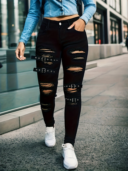Stylish Black Distressed Flare Jeans for Women with Buckle Strap Ripped Relaxed Style