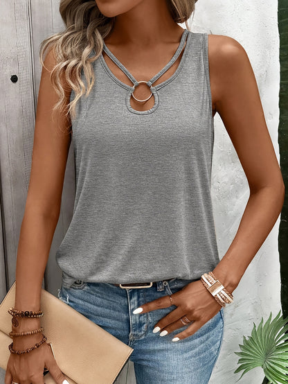 Effortless Heathered Tank Top for Women with Strappy Ring Keyhole Neck Sleeveless Racerback Style
