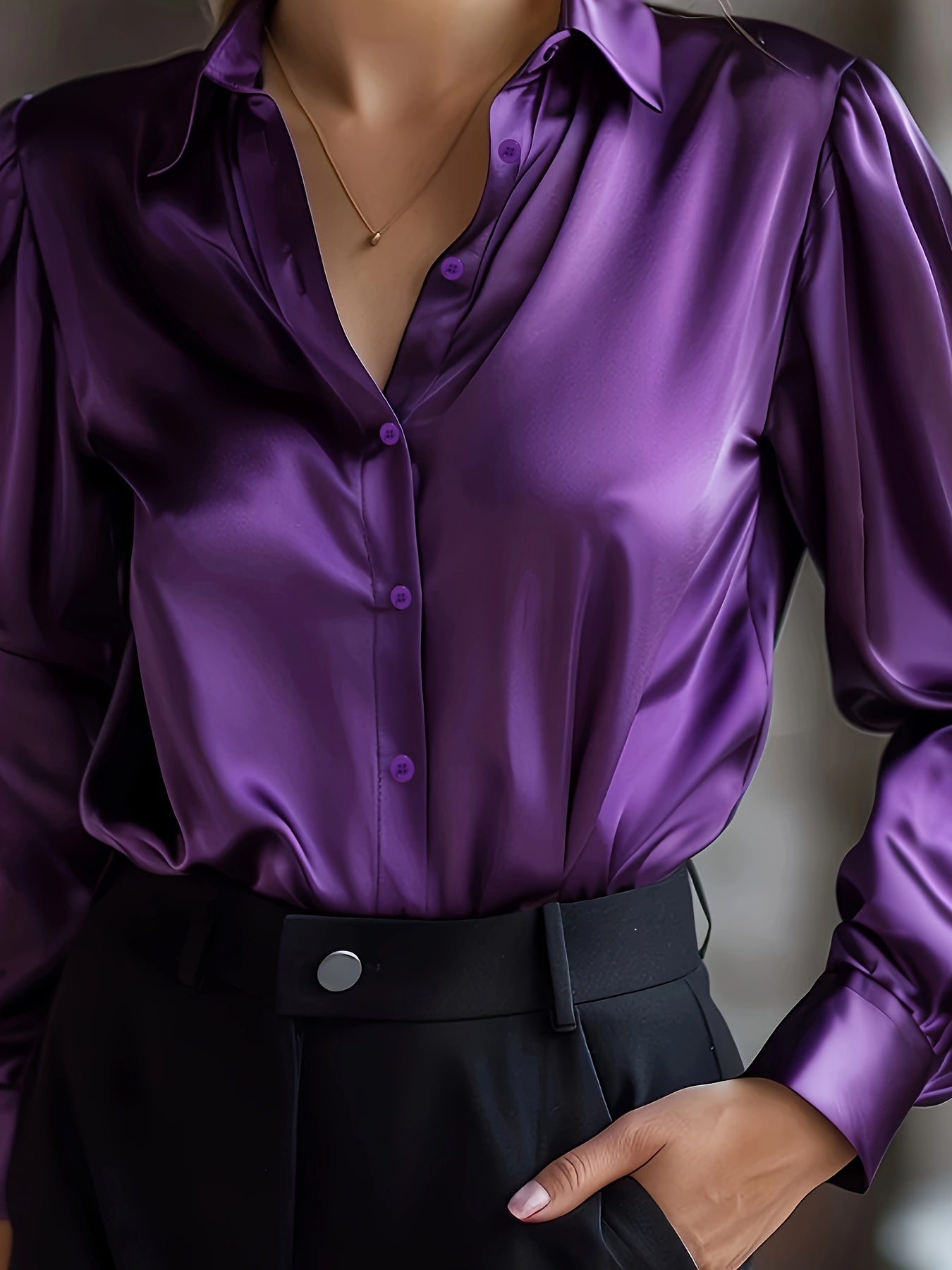 Elegant Satin Long Sleeve Shirt for Women with Collar Button Front Relaxed Silky Style