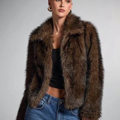 Elegant Bronze Fur Coat for Women with Notch Collar Long Sleeve Cropped Open Front Style