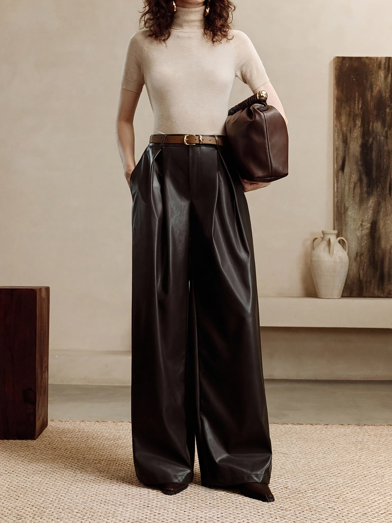 Elegant Coffee Brown Faux Leather Slacks for Women with High Waist Pleated Wide Leg Relaxed Style