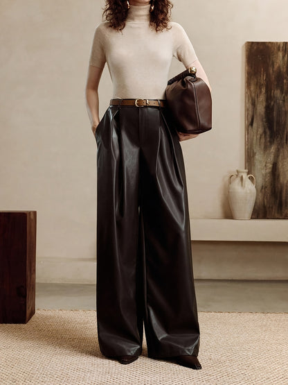 Elegant Coffee Brown Faux Leather Slacks for Women with High Waist Pleated Wide Leg Relaxed Style