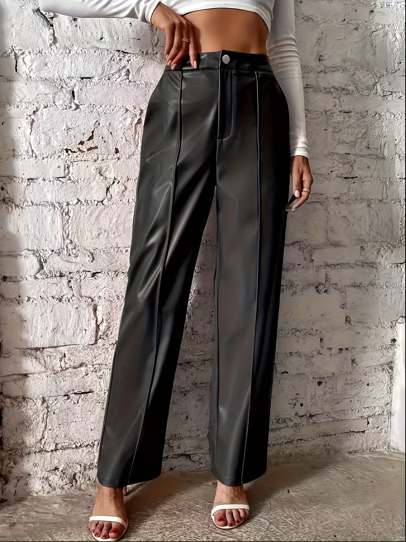 Elegant Black Faux Leather Slacks for Women with High Waist Pintuck Wide Leg Relaxed Style