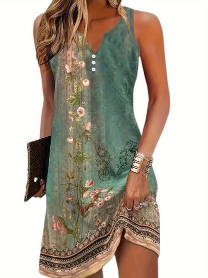 Effortless Abstract Print Mini Dress for Women with V Neck Sleeveless Button Front Relaxed Style