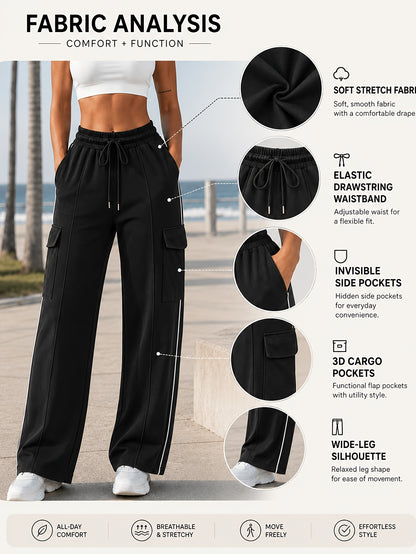 Effortless Wide Leg Cargo Pants for Women with High Waist Drawstring Side Stripe Relaxed Casual Style