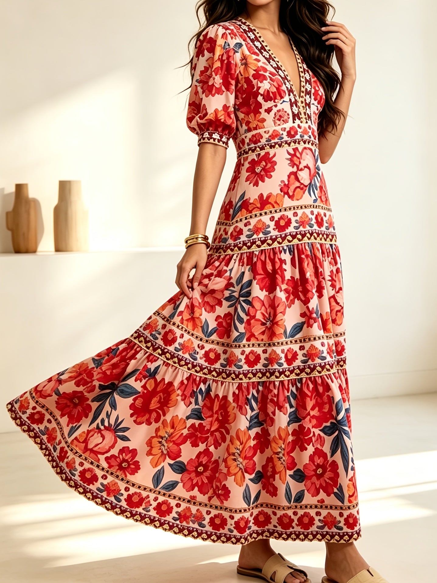Effortless Floral Print Boho Dress for Women with V Neck Puff Sleeve Tiered Maxi Flowing Style