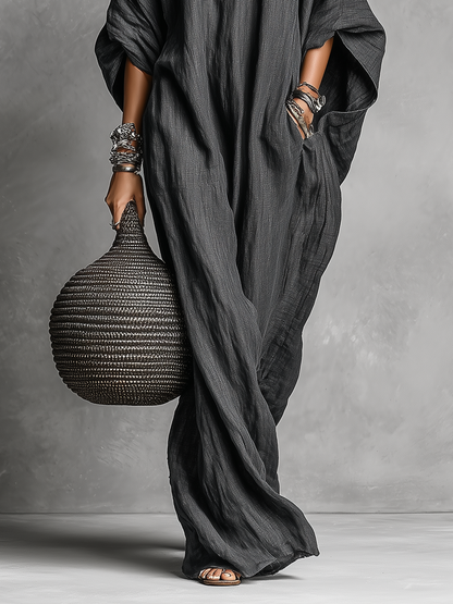 Effortless Gray Maxi Dress for Women with Batwing Sleeve Round Neck Oversized Linen Loose Casual Style
