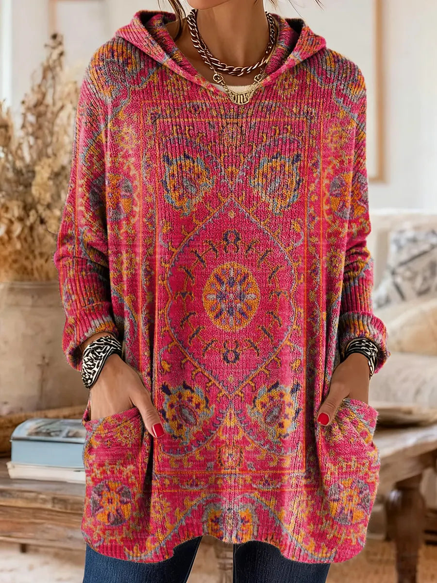 Comfortable Boho Print Tunic Sweater for Women with Hooded Long Sleeve Oversized Pocket Bohemian Style