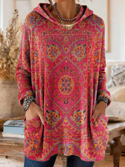 Comfortable Boho Print Tunic Sweater for Women with Hooded Long Sleeve Oversized Pocket Bohemian Style