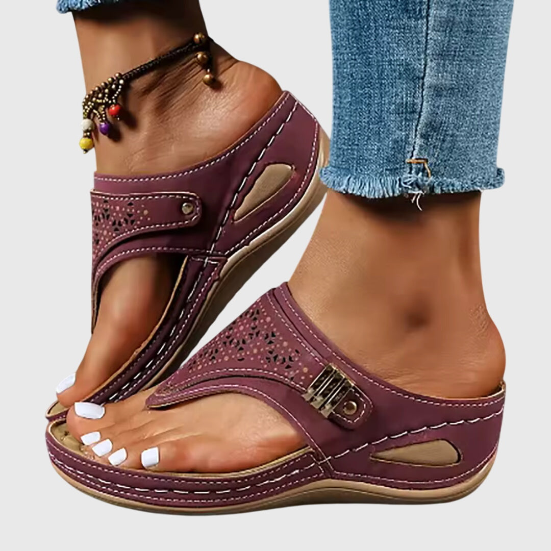 Comfortable Orthopedic Sandals for Women with Laser Cut Buckle Strap Toe Loop Wedge Platform Flip Flop Style