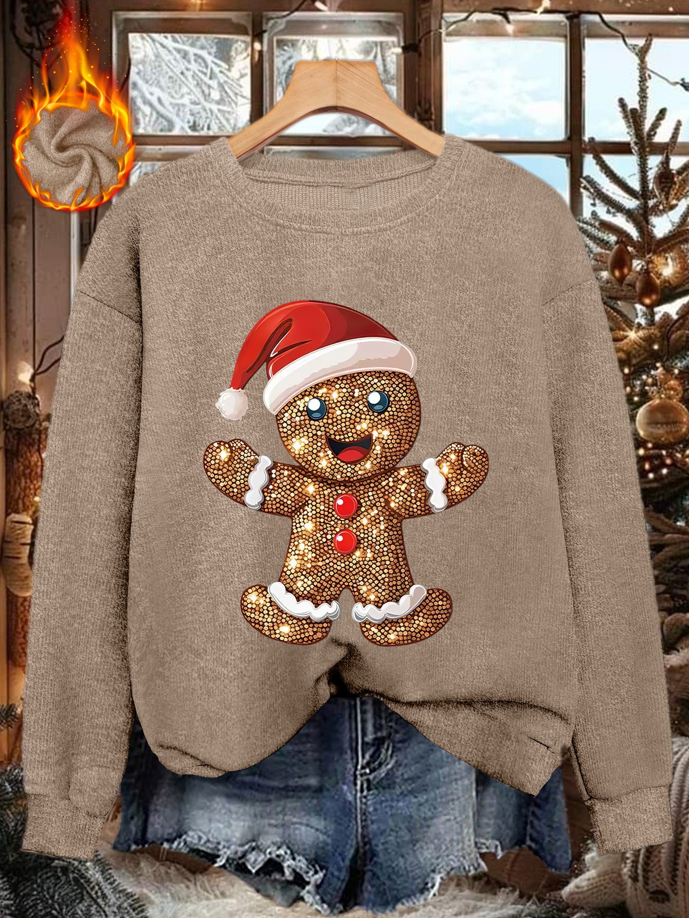Comfortable Gingerbread Print Christmas Tacky Sweater for Women with Crew Neck Long Sleeve Sequin Graphic Pullover Style