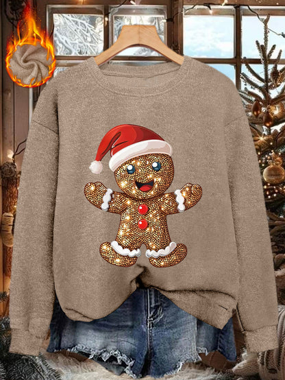 Comfortable Gingerbread Print Christmas Tacky Sweater for Women with Crew Neck Long Sleeve Sequin Graphic Pullover Style