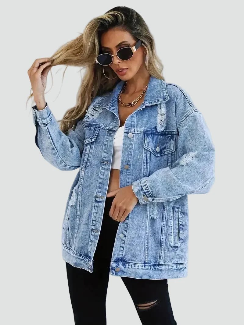 Effortless Light Blue Denim Jacket for Women with Spread Collar Long Sleeve Distressed Oversized Style