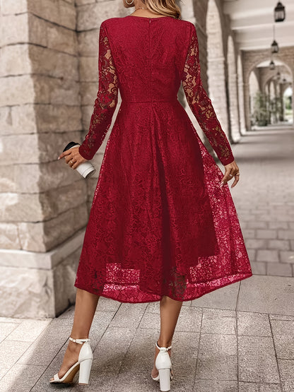 Elegant Black Lace Long Sleeve Wedding Dress for Women with Round Neck Fit And Flare Flowing Style
