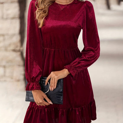 Elegant Burgundy Velvet Christmas Attire Dress for Women with Round Neck Long Sleeve Ruffle Hem Flowing Style