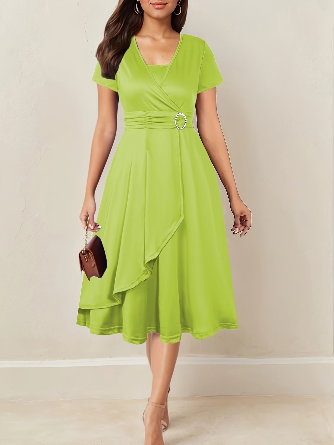 Elegant Ruched Cocktail Dress for Women with Surplice Neck Short Sleeve Asymmetrical Ruffle Hem Formal Wedding Guest Style