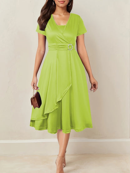 Elegant Ruched Cocktail Dress for Women with Surplice Neck Short Sleeve Asymmetrical Ruffle Hem Formal Wedding Guest Style