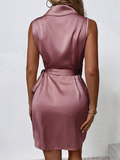 Elegant Satin Dress for Women with V Neck Sleeveless Wrap Bodycon Formal Party Style