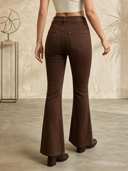 Effortless Coffee Brown High Waisted Jeans for Women with Flare Leg Button Front Stacked Western Style