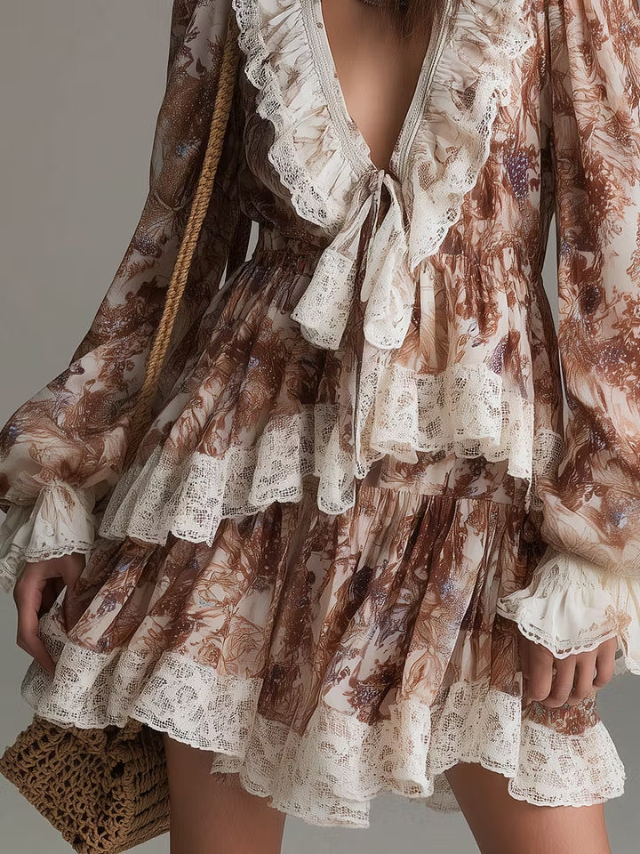 Effortless Brown Floral Mini Dress for Women with Tie Neck Ruffle Tiered Long Sleeve