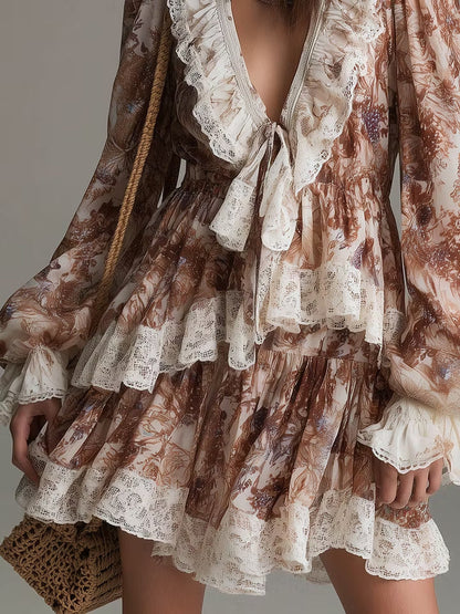 Effortless Brown Floral Mini Dress for Women with Tie Neck Ruffle Tiered Long Sleeve