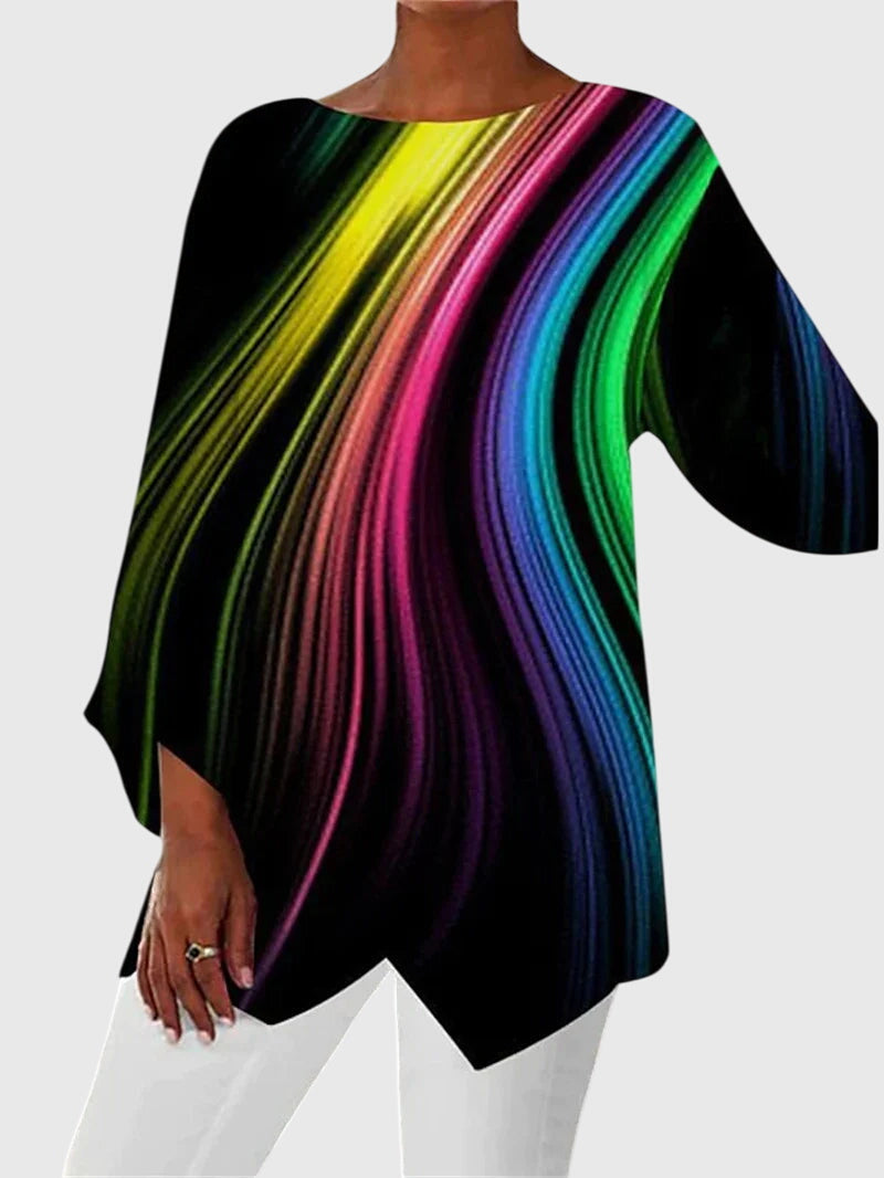 Effortless Black Glitter Butterfly Print Tunic for Women with Boat Neck Batwing Sleeve Asymmetric Hem Casual Style