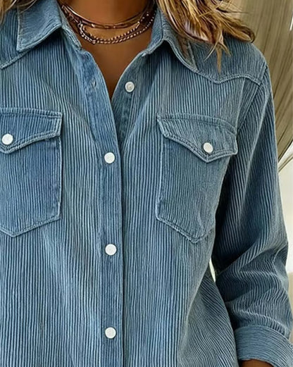Effortless Corduroy Collar Shirt for Women with Long Sleeve Button Front Chest Pocket Relaxed Style