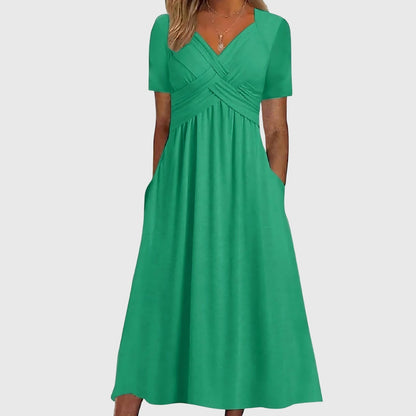 Effortless Midi Dress for Women with V-Neck Crossover Waist Short Sleeve Pocket Casual Style